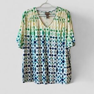 Chicos T Shirt Womens L Blue Green Yellow Tropical Stretchy Short Sleeve Soft